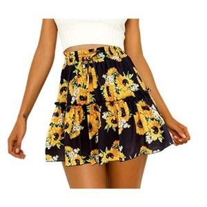 Hibluco Women' Floral Layered Ruffles Tie up High Waist Short Pleated Skirt